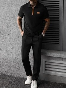 Manfinity CasualCool Men's Letter Print Denim Short Sleeve Polo Shirt And Drawstring Waist Pants Casual Set - Black - View 4