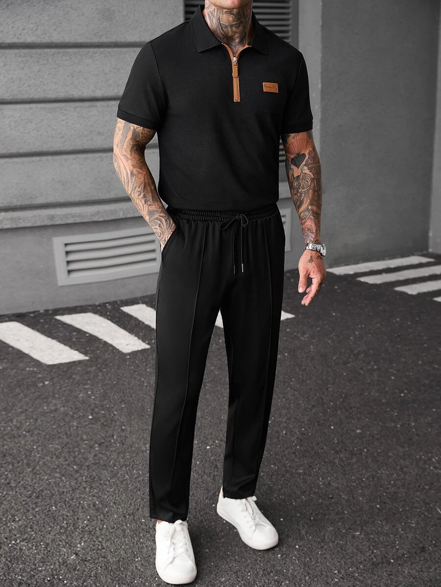 Manfinity CasualCool Men's Letter Print Denim Short Sleeve Polo Shirt And Drawstring Waist Pants Casual Set - Black - View 1