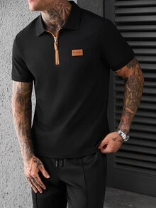 Manfinity CasualCool Men's Letter Print Denim Short Sleeve Polo Shirt And Drawstring Waist Pants Casual Set - Black - View 5