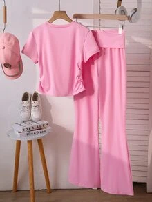 SHEIN Sparklyn Teen Girls 2pcs/Set Short Sleeve Round Neck Slim Fit Cropped T-Shirt + High Waist Flared Pants, Outfits, Beach, Boho, Concert, Gym - Pink - View 2