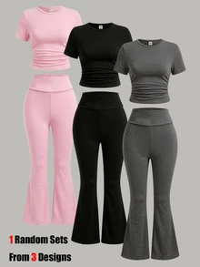 SHEIN Sparklyn Teen Girls 2pcs/Set Short Sleeve Round Neck Slim Fit Cropped T-Shirt + High Waist Flared Pants, Outfits, Beach, Boho, Concert, Gym - Pink - View 1