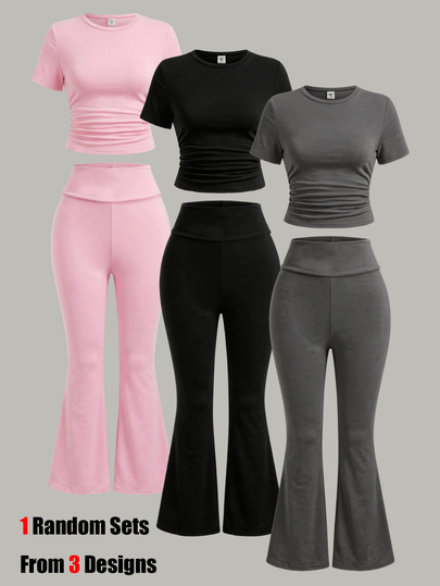 SHEIN Sparklyn طقم من قطعتين للفتيات المراهقات: تي شيرت قصير بأكمام قصيرة وياقة دائرية بقصة ضيقة + بنطال واسع الساق بخصر عالي، ملابس للشاطئ والبوهو والحفلات الموسيقية والنادي الرياضي