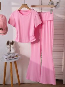 SHEIN Sparklyn Teen Girls 2pcs/Set Short Sleeve Round Neck Slim Fit Cropped T-Shirt + High Waist Flared Pants, Outfits, Beach, Boho, Concert, Gym - Pink - View 4