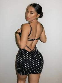 SHEIN SXY 夏季黑白波點性感露背迷你洋裝 - 黑與白 - 查看 9