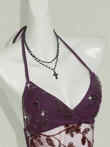 SHEIN ICON 女式露背亮片透视V领短款性感吊带背心 - 紅色 - 查看 6