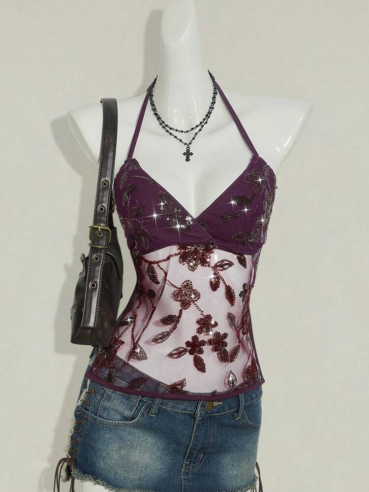 SHEIN ICON Women's Halter Backless Sequin Sheer V-Neck Cropped Camisole All Over Floral Print Crop Tank In A Wrap Design With Boho Chic Touch Burgundy Top - Red - View 8