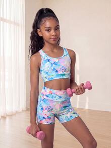 SHEIN 青少年女孩花卉印花運動套裝，包含露背網格拼接運動內衣與高腰運動跑步短褲，2件式瑜珈運動服 - 藍色 - 查看 5