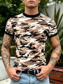 Manfinity Dauomo 男士修身版型 T-shirt，拼色迷彩印花，舒適面料，街頭風，圖案設計，米色迷彩，適合海邊外出，夏季款 - 彩色 - 查看 5