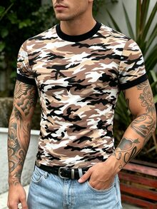 Manfinity Dauomo 男士修身版型 T-shirt，拼色迷彩印花，舒適面料，街頭風，圖案設計，米色迷彩，適合海邊外出，夏季款 - 彩色 - 查看 4