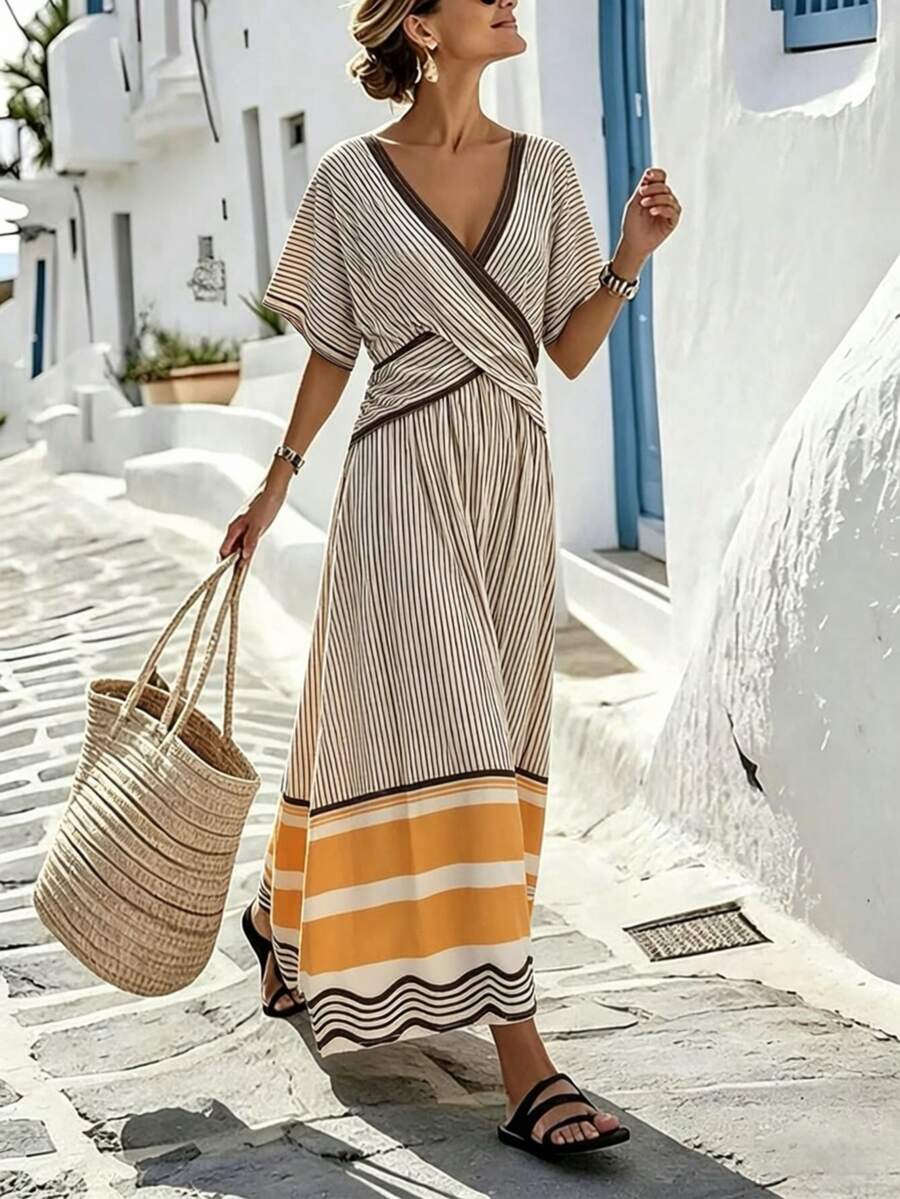 SHEIN Holidaya 夏季新品:V领优雅连衣裙——短袖,撞色宽窄条纹,宽松长款廓形。这款法式复古单品融合了度假风情与职场优雅,A字版型更显修身显瘦。 - 彩色 - 查看 1