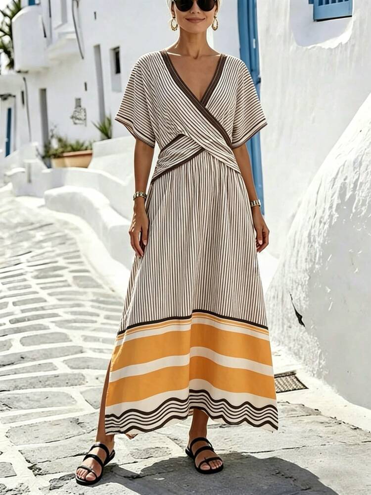 SHEIN Holidaya 夏季新品：V领优雅连衣裙——短袖，撞色宽窄条纹，宽松长款廓形。这款法式复古单品融合了度假风情与职场优雅，A字版型更显修身显瘦。 - 彩色 - 查看 7