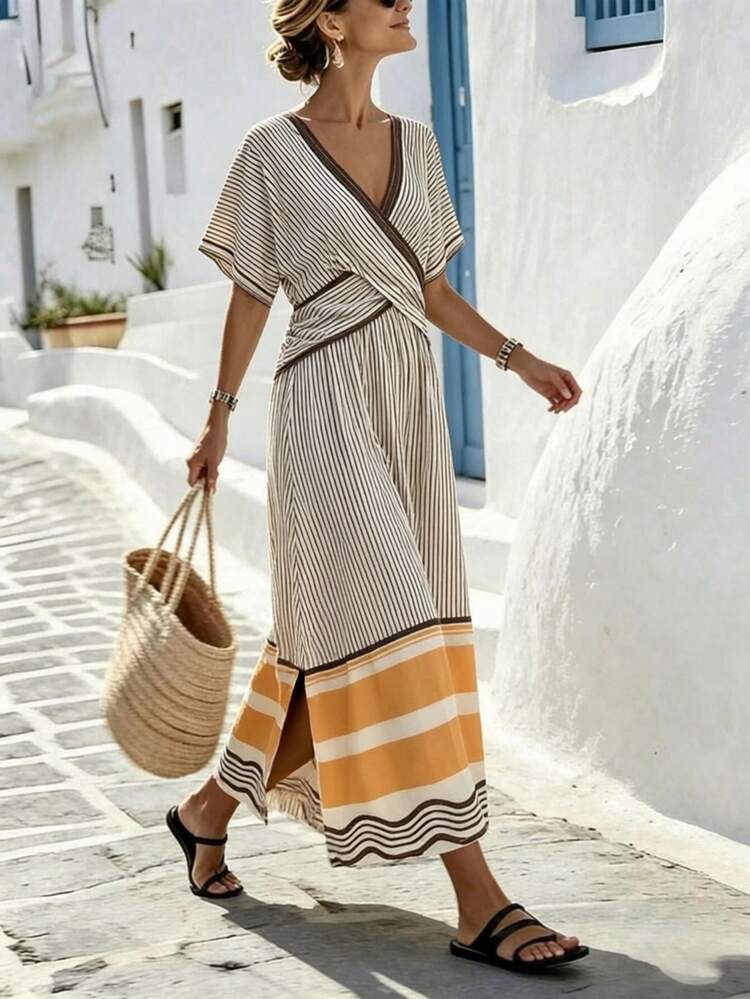 SHEIN Holidaya 夏季新品：V领优雅连衣裙——短袖，撞色宽窄条纹，宽松长款廓形。这款法式复古单品融合了度假风情与职场优雅，A字版型更显修身显瘦。 - 彩色 - 查看 5