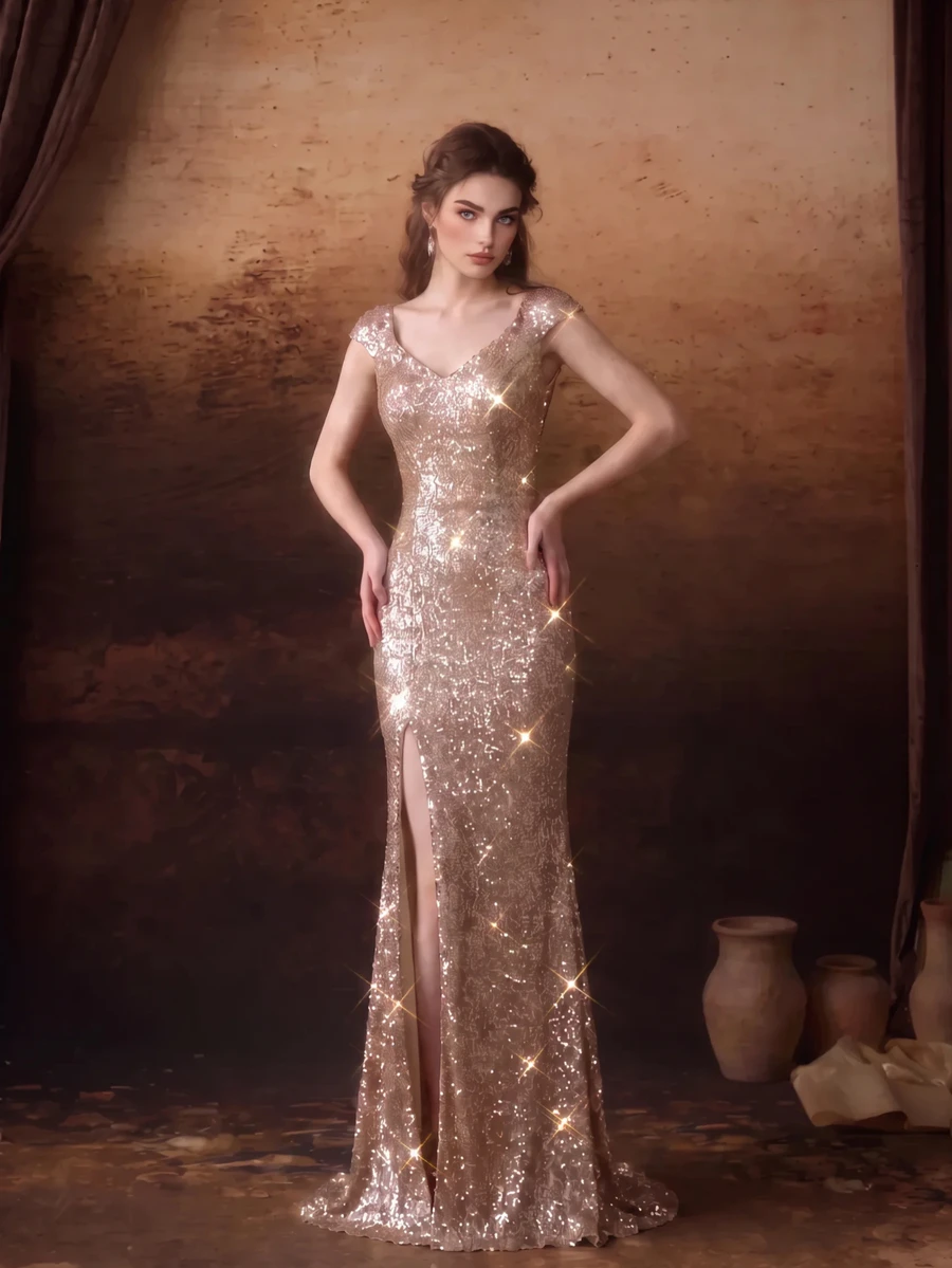 Anewsta Women's Shiny Split Design Elegant Waist-Cinching Evening Gown Dress