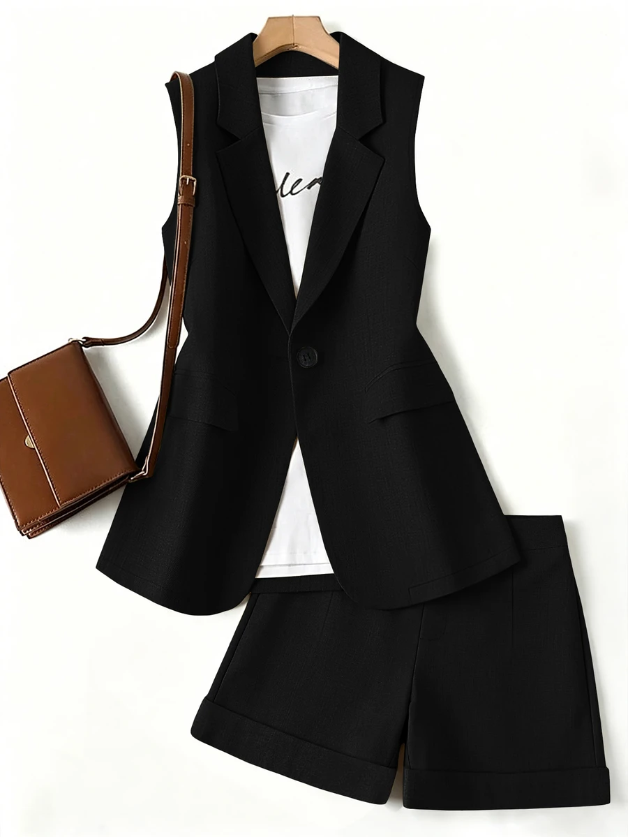 SHEIN Clasi طقم بليزر عملي مقاس كبير للنساء بتصميم مخطط ومرقع + شورت كاجوال فضفاض عصري للتنقل، ربيع/خريف - الأسود - مشاهدة 1