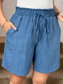 SHEIN LUNE 大尺碼藍色舒適休閒短褲 - 藍色 - 查看 3