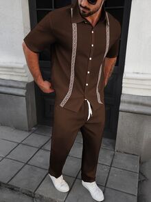 Manfinity CasualCool 男士拼色單排扣短袖襯衫與長褲休閒日常穿搭 - 棕色 - 查看 4