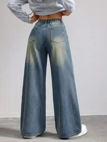 SHEIN Tall CURVE 大尺碼女款休閒寬鬆反社交復古牛仔褲，附口袋與鈕扣，秋季灰藍色，適合正式場合、外出、派對、度假、夜店 - 中等水洗藍 - 查看 3