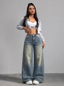 SHEIN Tall CURVE 大尺碼女款休閒寬鬆反社交復古牛仔褲，附口袋與鈕扣，秋季灰藍色，適合正式場合、外出、派對、度假、夜店 - 中等水洗藍 - 查看 5