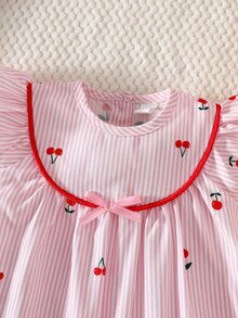 SHEIN 新生女嬰夏季可愛公主洋裝 紅白波點生日派對裙 粉白條紋櫻桃印花蝴蝶結飛袖 0-9個月 - 粉色 - 查看 6