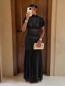 Lumalex Fall Winter Exquisite Lace High Neck Ruched Waist Bodycon Dress For Women Daily-To-Gala Versatility Quiet Luxury Meets Party Flair,Festival,Prom - Black - View 2