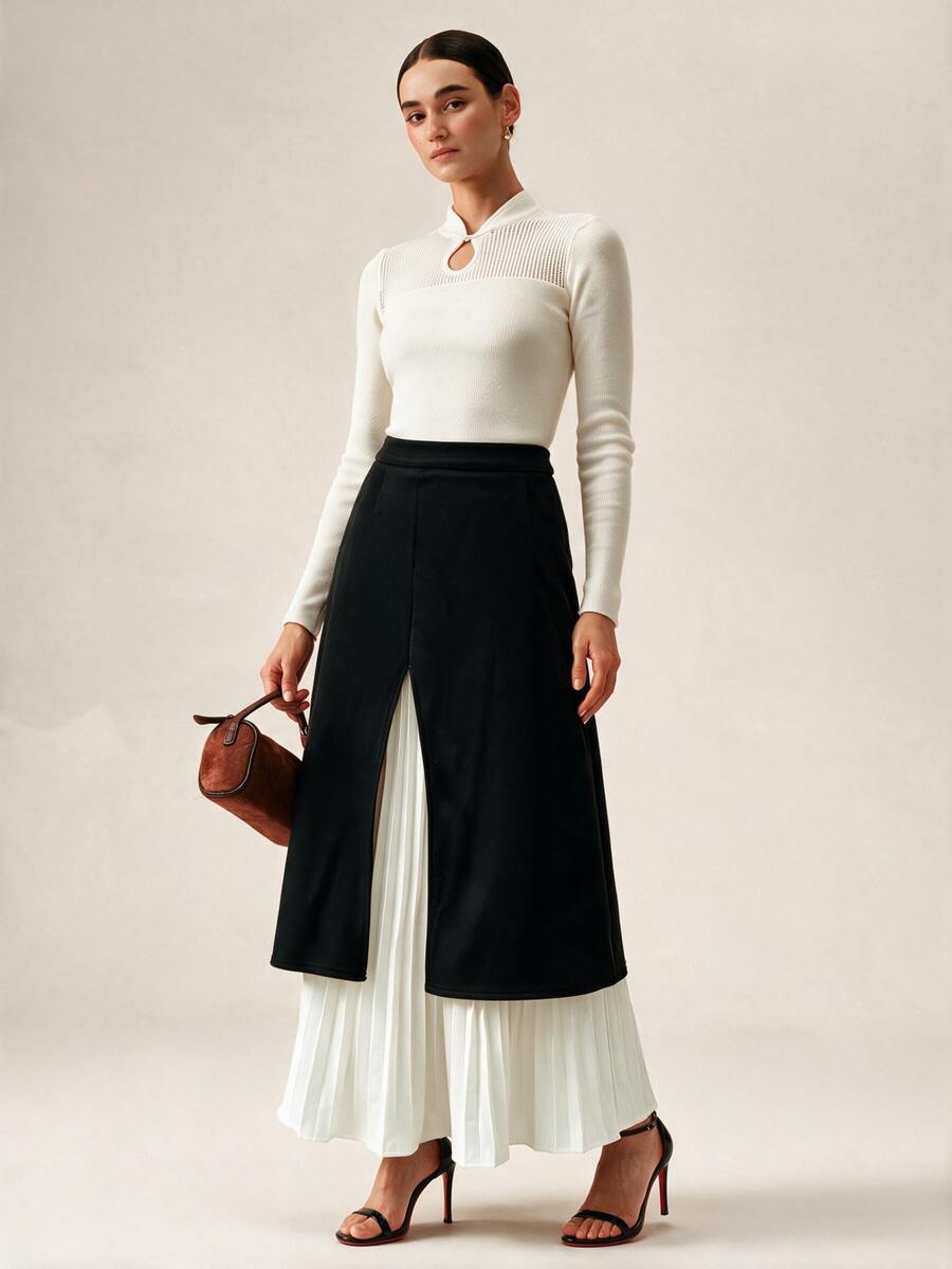 Orluneo Orluneo Women's Elegant Black & White Patchwork Skirt, Spring/Summer Casual Contrast Ruffle Hem Skirt, Versatile For Work, Vacation And Daily Wear - Black and White - View 1