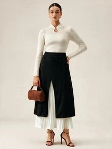 Orluneo Orluneo Women's Elegant Black & White Patchwork Skirt, Spring/Summer Casual Contrast Ruffle Hem Skirt, Versatile For Work, Vacation And Daily Wear - Black and White - View 3