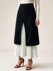 Orluneo Orluneo Women's Elegant Black & White Patchwork Skirt, Spring/Summer Casual Contrast Ruffle Hem Skirt, Versatile For Work, Vacation And Daily Wear - Black and White - View 4
