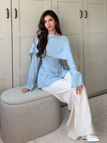 Veilorie Women's Elegant Commute Solid Color Shawl Tie Waist Blouse - Blue - View 6