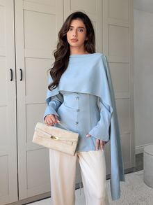 Veilorie Women's Elegant Commute Solid Color Shawl Tie Waist Blouse - Blue - View 1