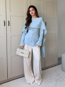 Veilorie Women's Elegant Commute Solid Color Shawl Tie Waist Blouse - Blue - View 3