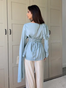 Veilorie Women's Elegant Commute Solid Color Shawl Tie Waist Blouse - Blue - View 2