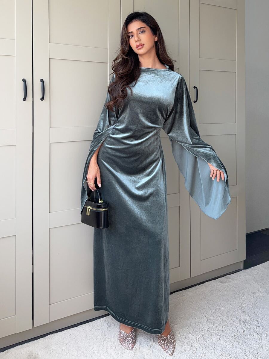 Veilorie Gaun Panjang Wanita Warna Polos dengan Kerah Model Cowl yang Elegan dan Mempertegas Pinggang, Cocok untuk Pesta dan Acara Kumpul-kumpul - Biru - View 1