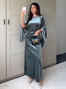 Veilorie Gaun Panjang Wanita Warna Polos dengan Kerah Model Cowl yang Elegan dan Mempertegas Pinggang, Cocok untuk Pesta dan Acara Kumpul-kumpul - Biru - View 5