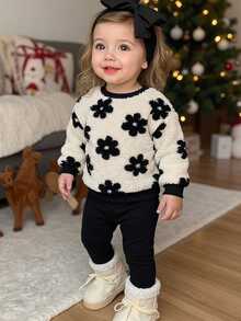 LMoss Kids 女嬰花卉絨毛衛衣與內搭褲2件套，適合秋冬穿著 - 彩色 - 查看 1