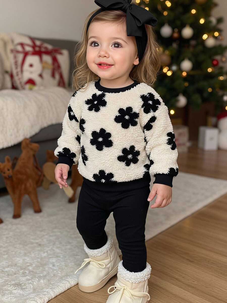 LMoss Kids 女嬰花卉絨毛衛衣與內搭褲2件套，適合秋冬穿著 - 彩色 - 查看 1
