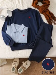 Teenager Chest Knight Embroidery Long Sleeve Shirt + Knit Sweatshirt + Long Pants 3-Piece Set, College Style Solid Color Layered Outfit, Student Back To School Class, Rest, Outdoor, Shopping, Gentleman Full Set - Navy Blue - View 4