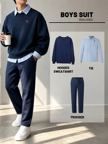 Teenager Chest Knight Embroidery Long Sleeve Shirt + Knit Sweatshirt + Long Pants 3-Piece Set, College Style Solid Color Layered Outfit, Student Back To School Class, Rest, Outdoor, Shopping, Gentleman Full Set - Navy Blue - View 1