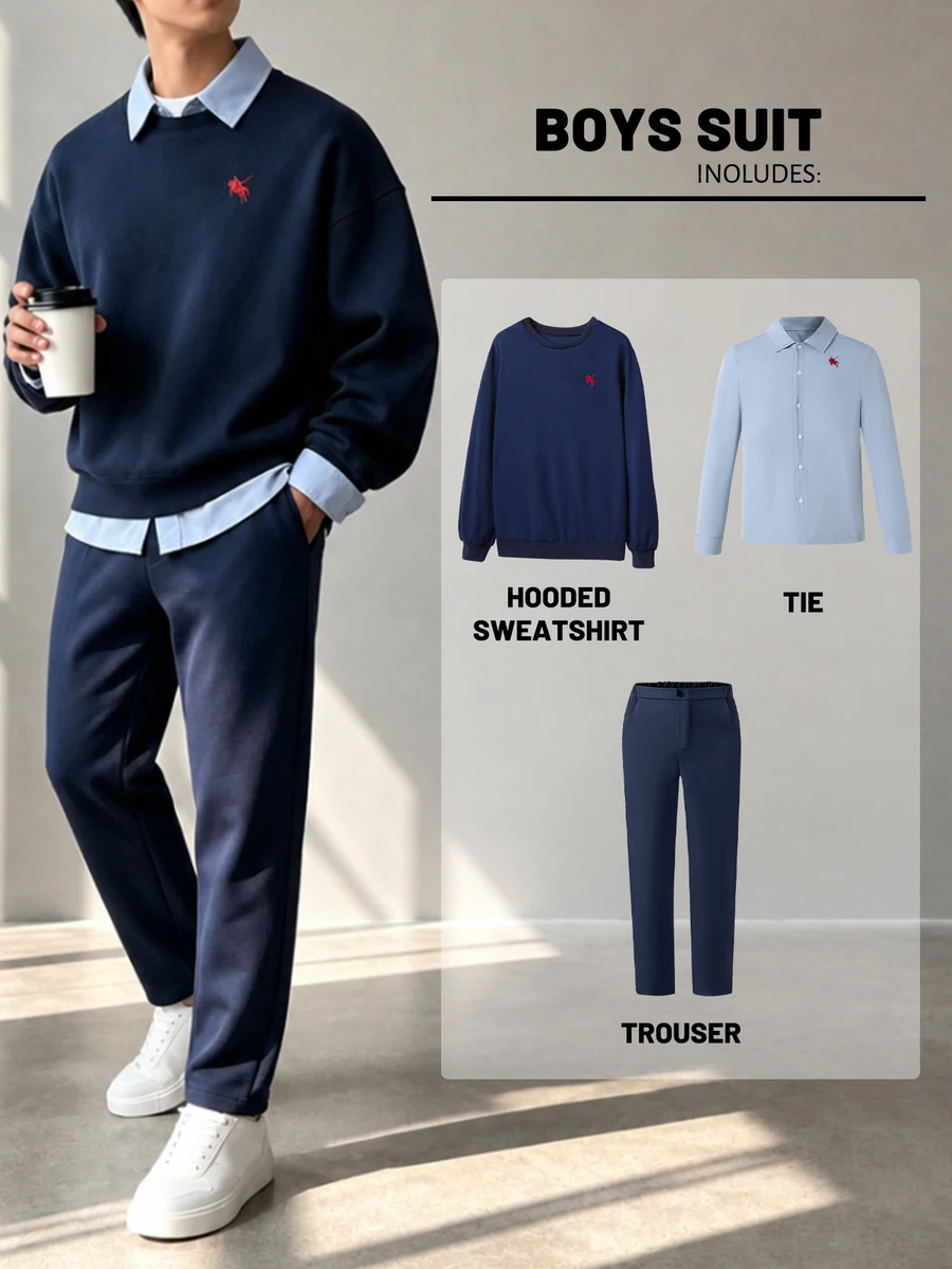 Teenager Chest Knight Embroidery Long Sleeve Shirt + Knit Sweatshirt + Long Pants 3-Piece Set, College Style Solid Color Layered Outfit, Student Back To School Class, Rest, Outdoor, Shopping, Gentleman Full Set - Navy Blue - View 1