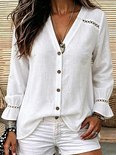 Linhara CURVE Women's New Hollow Lace V-Neck Single-Breasted Open Front Flare Cuff Petal Sleeve Long Sleeve French Blouse, Spring/Autumn Fall Casual Elegant Office