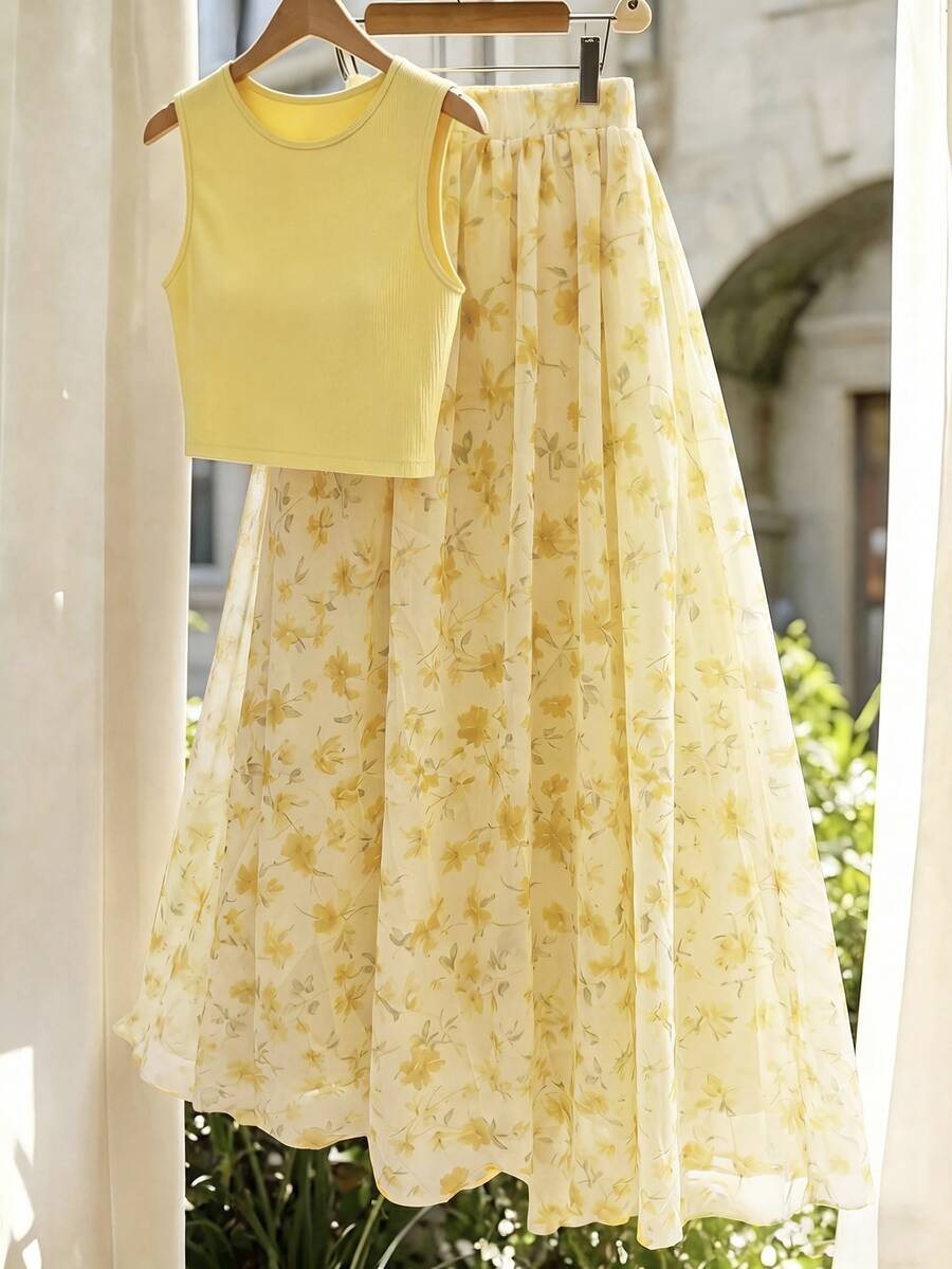 GlowEve Casual Elegant Yellow Floral Print Camisole And Skirt Set - Yellow - View 1