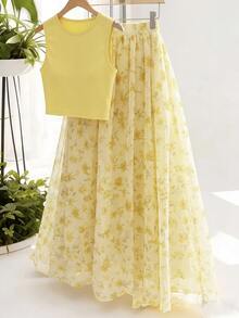 GlowEve Casual Elegant Yellow Floral Print Camisole And Skirt Set - Yellow - View 3