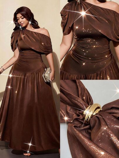 Viva Relle Plus Size Women's Asymmetrical Shoulder Ruched Waist Full Skirt Evening Dress, Floor-Length Faux Cape, Gathered Waist Slimming Fit, Metallic Buckle Decor, Brown Long Dress For Party, Dinner, Date, Banquet