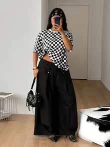 Coolane Casual Minimalist Allover Checkered Print Plus Size Women Short Sleeve Round Neck T-Shirt, Suitable For Summer Suitable For Going Out - White - View 5