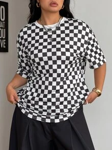 Coolane Casual Minimalist Allover Checkered Print Plus Size Women Short Sleeve Round Neck T-Shirt, Suitable For Summer Suitable For Going Out - White - View 3