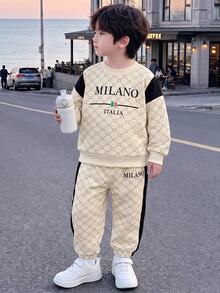 SHEIN Casuvi Kids 男童秋冬長袖束口褲 2 件套，全幅菱格紋印花上衣搭配束口運動長褲，打造完美組合，輕奢極簡休閒童裝套裝 - 彩色 - 查看 3