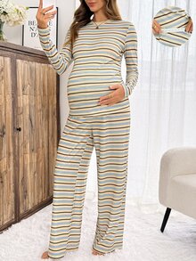 Slowluna 孕婦條紋拼接長袖上衣與可調節長褲休閒日常兩件套 秋季 - 彩色 - 查看 6