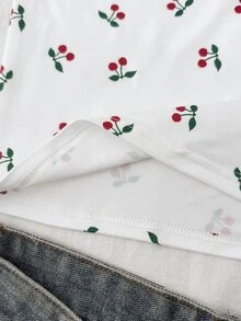 SHEIN 青少年女孩白色針織櫻桃印花時尚百搭修身方領長袖T恤，春秋款 - 白色 - 查看 7