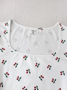 SHEIN 青少年女孩白色針織櫻桃印花時尚百搭修身方領長袖T恤，春秋款 - 白色 - 查看 9
