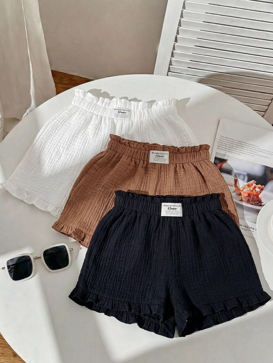 Comfortcana Plus Size Cotton Casual Textured Comfortable Ruffle Hem Shorts 3pcs Set - Multicolor - View 1