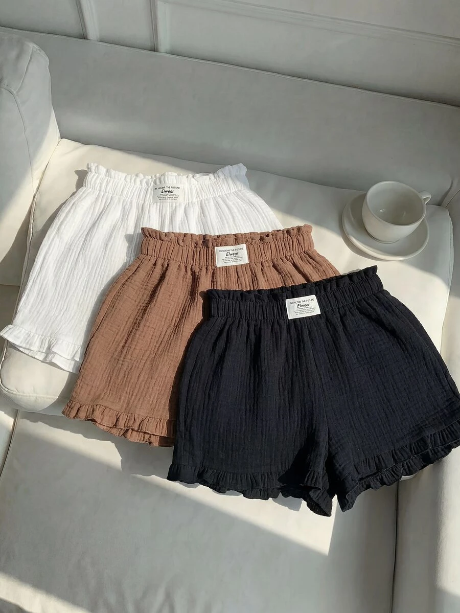 Comfortcana Plus Size Cotton Casual Textured Comfortable Ruffle Hem Shorts 3pcs Set - Multicolor - View 1